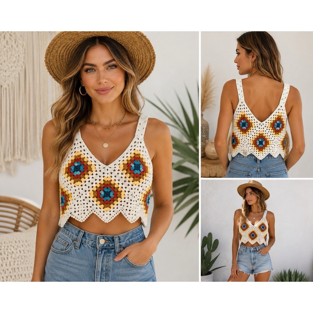 Crochet Granny Square Crop Top Boho Festival Hippie Cottagecore Tank Medium - Picture 3 of 4